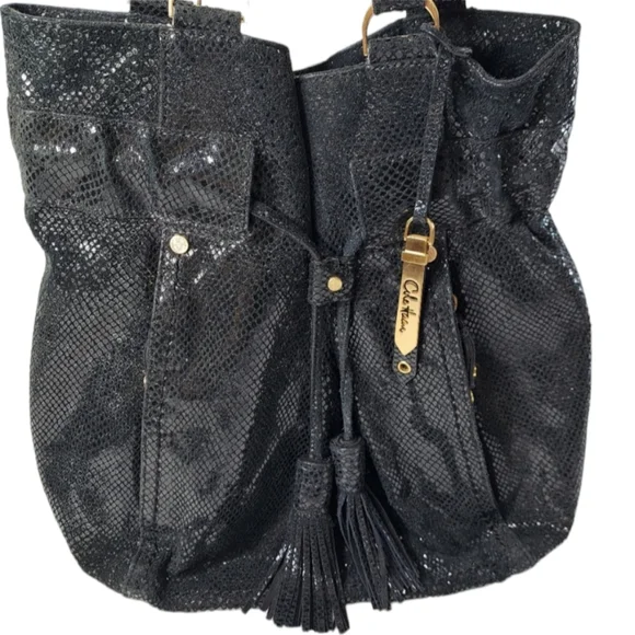 Cole Haan Women's Black Shoulder Bag Shiny Snake Skin Drawstring - Picture 2 of 16